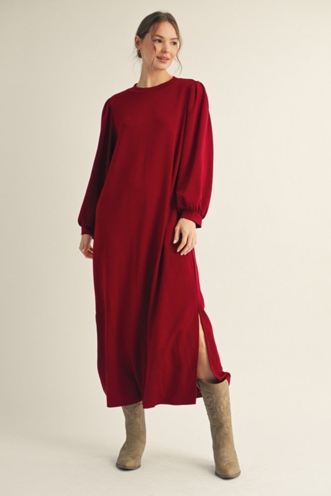 Burgundy Side Slit Detail Solid Midi Dress