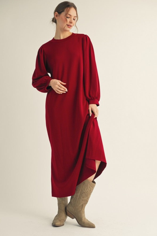 Burgundy Side Slit Detail Solid Midi Dress