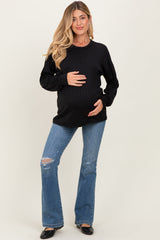 Black Ribbed Knit Bubble Sleeve Maternity Pullover Top