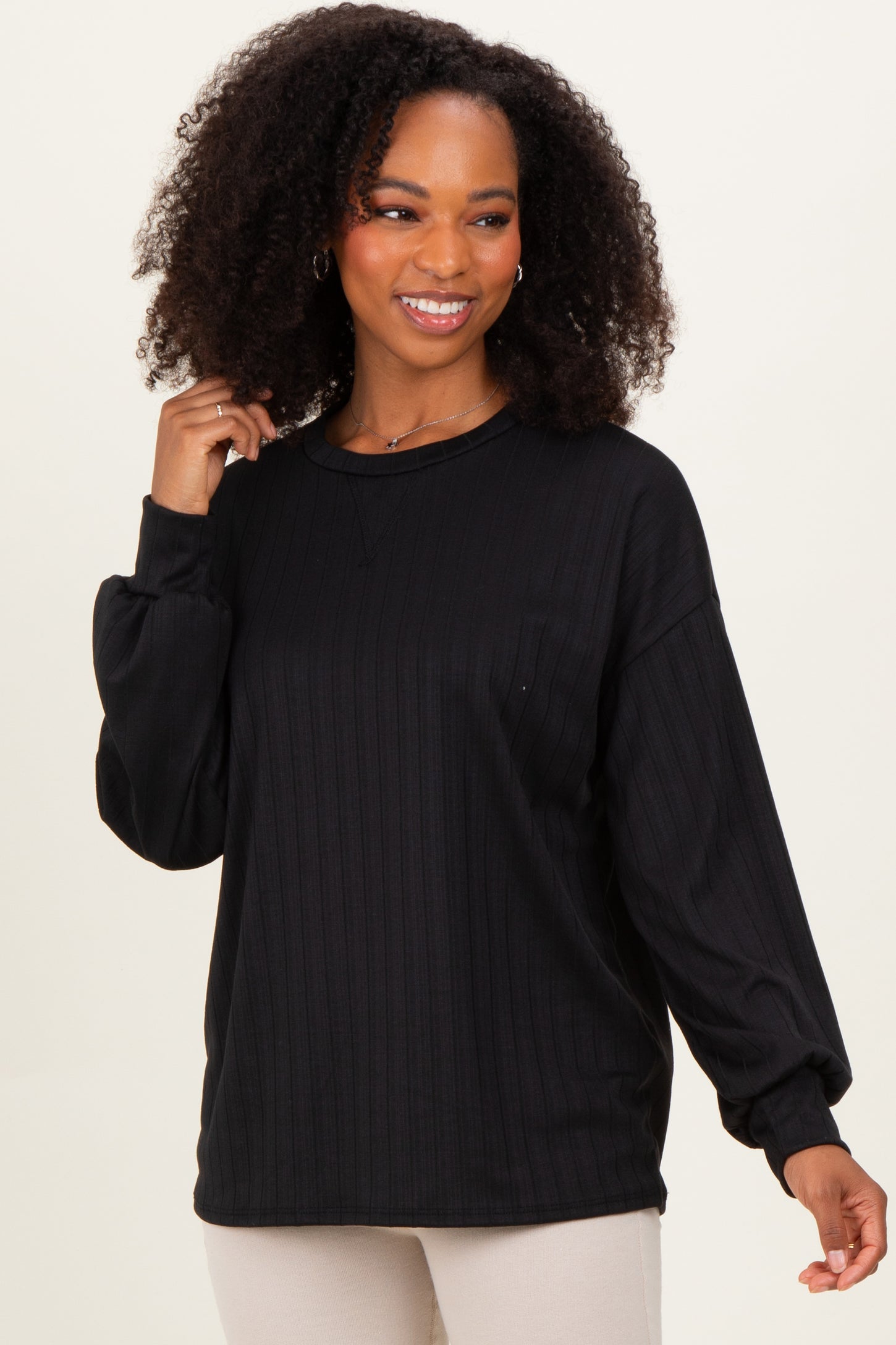 Black Ribbed Knit Bubble Sleeve Pullover Top