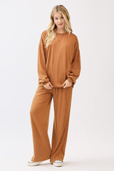 Camel Ribbed Knit Bubble Sleeve Maternity Pullover Top