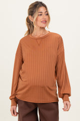 Camel Ribbed Knit Bubble Sleeve Maternity Pullover Top