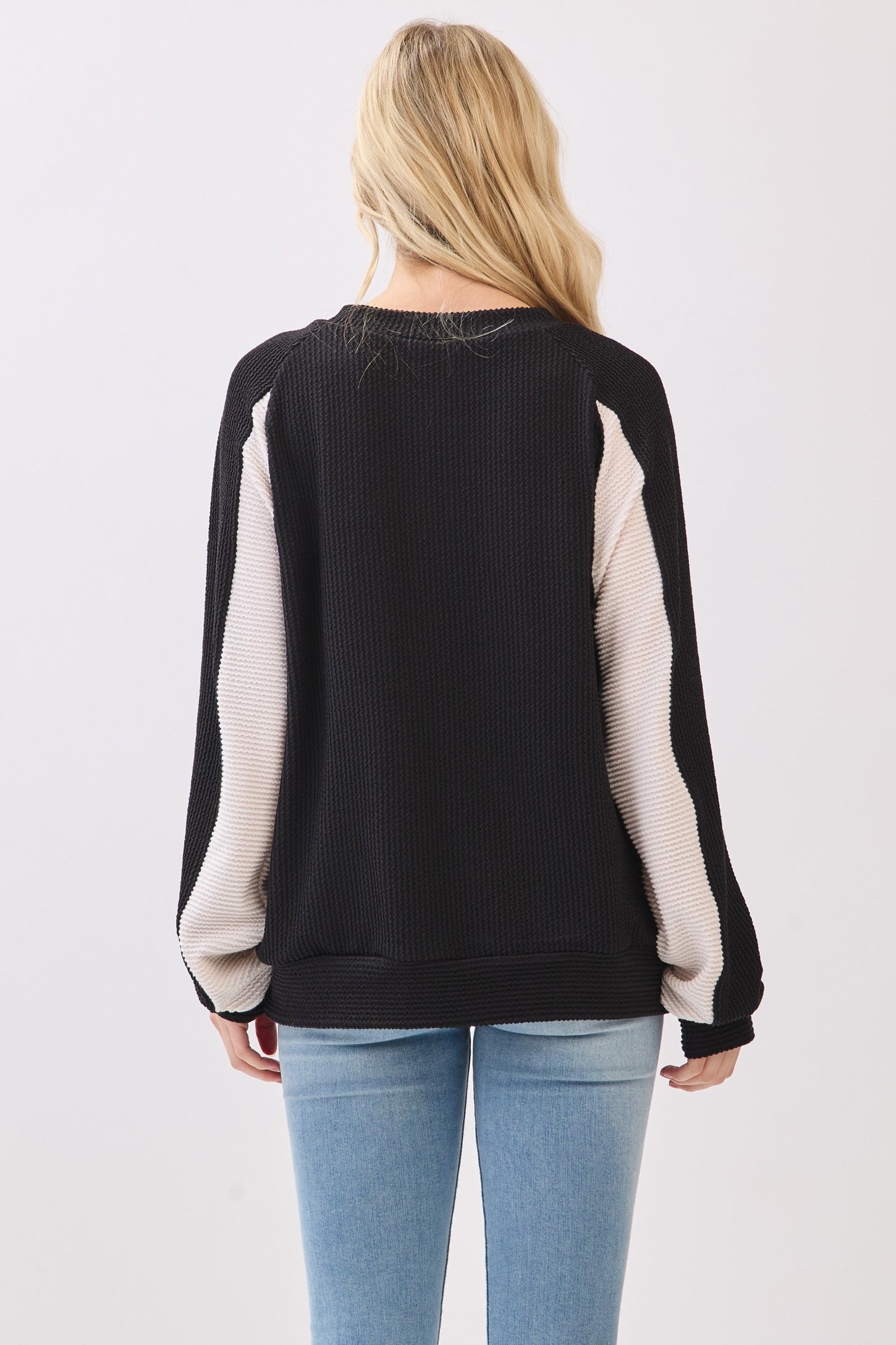 Black Textured Rib Colorblock Pullover