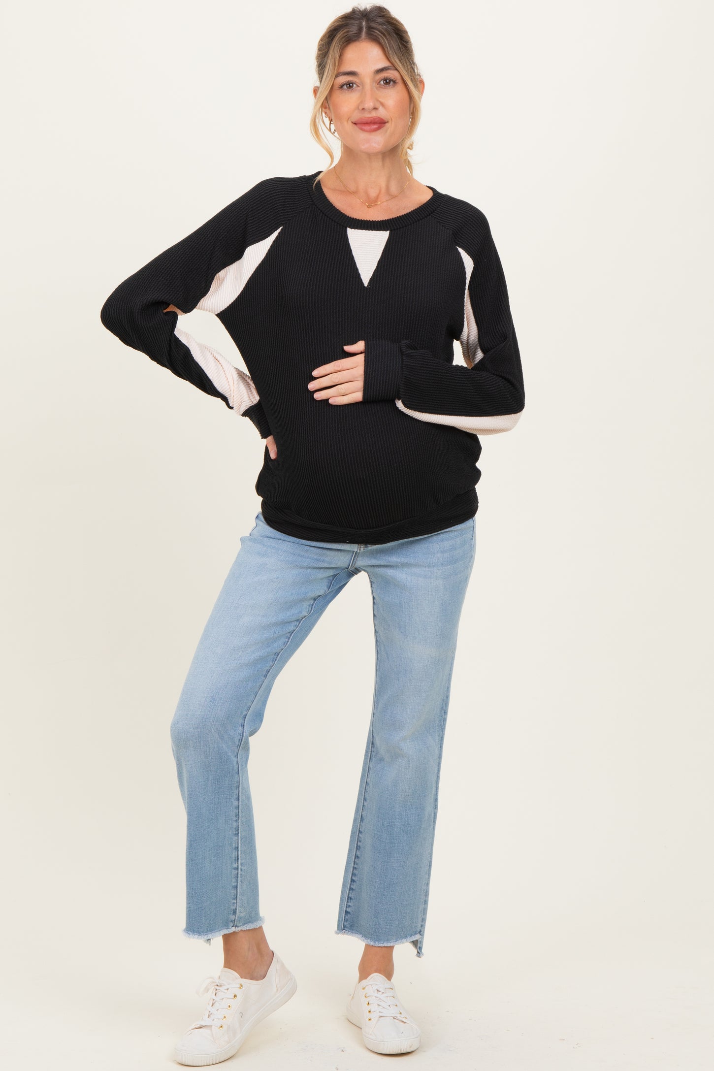 Black Textured Rib Colorblock Maternity Pullover