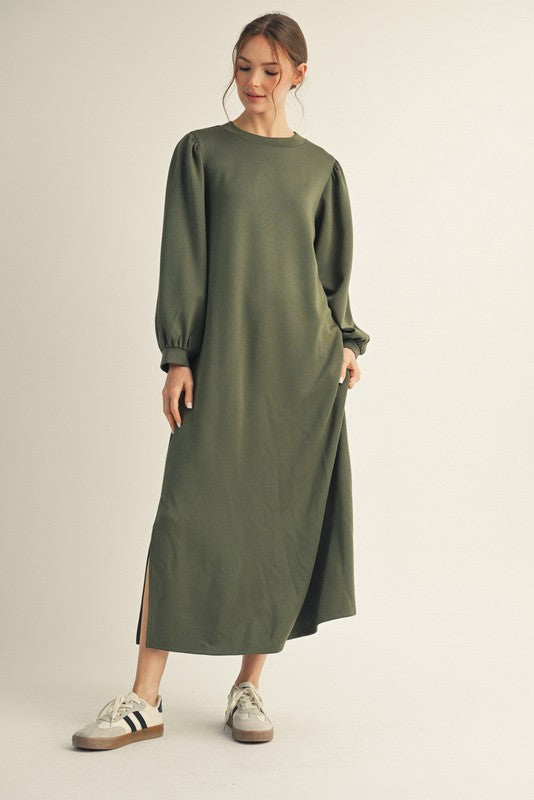 Olive Side Slit Detail Solid Midi Dress