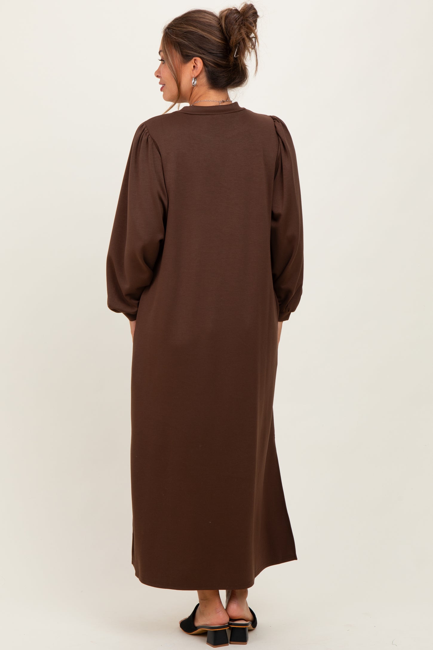 Brown Side Slit Detail Solid Maternity Midi Dress