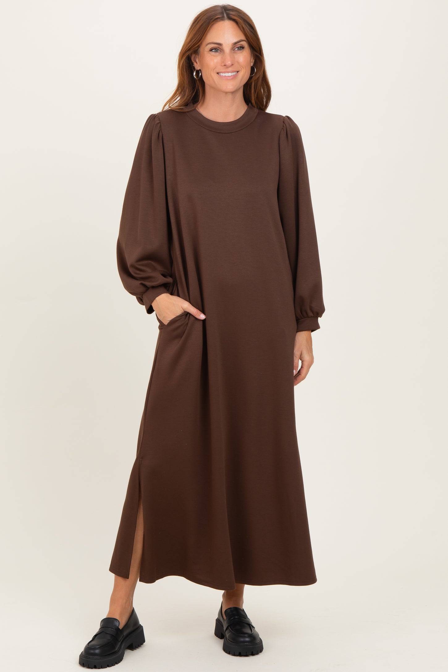 Brown Side Slit Detail Solid Maternity Midi Dress
