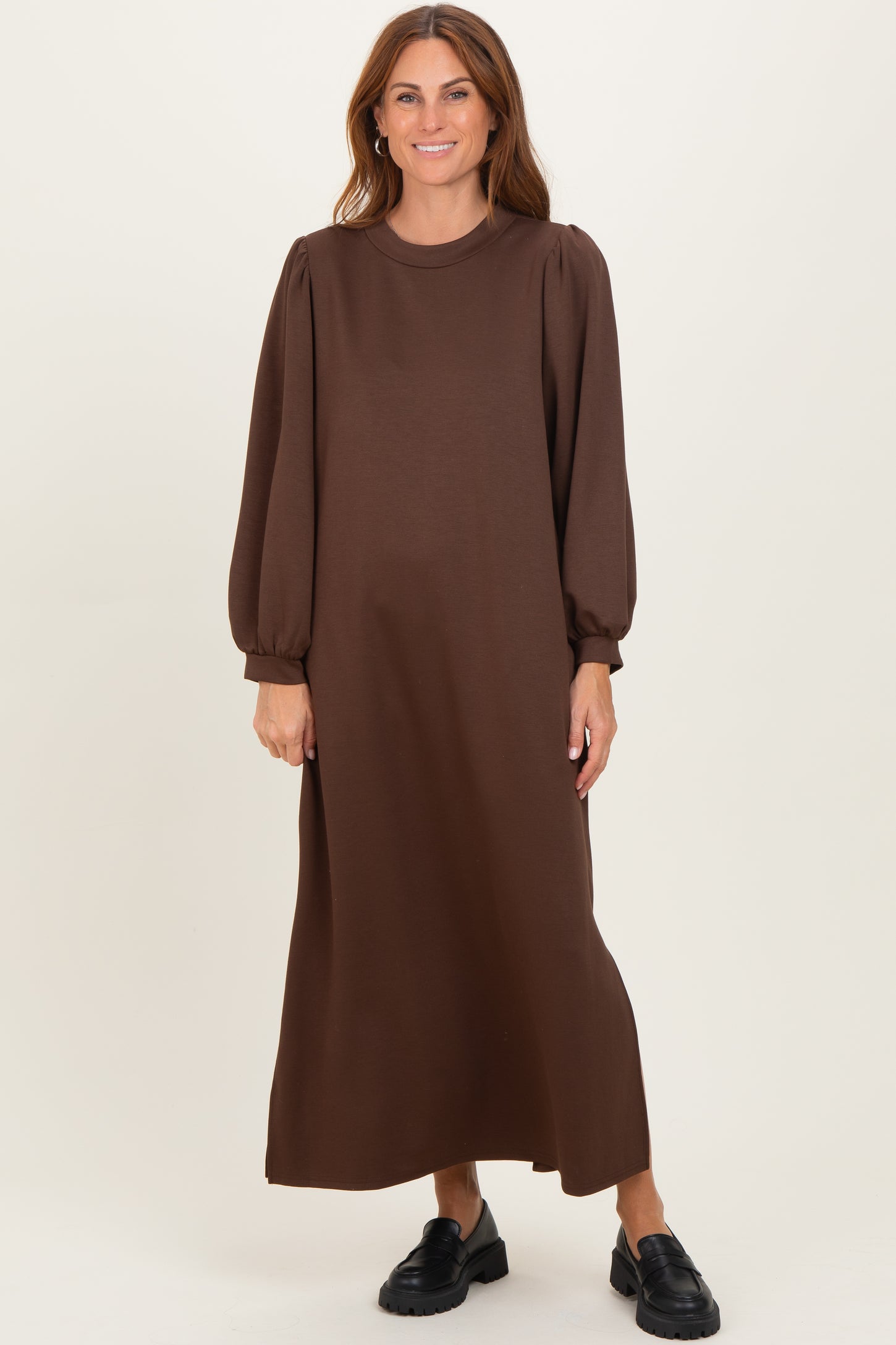 Brown Side Slit Detail Solid Midi Dress