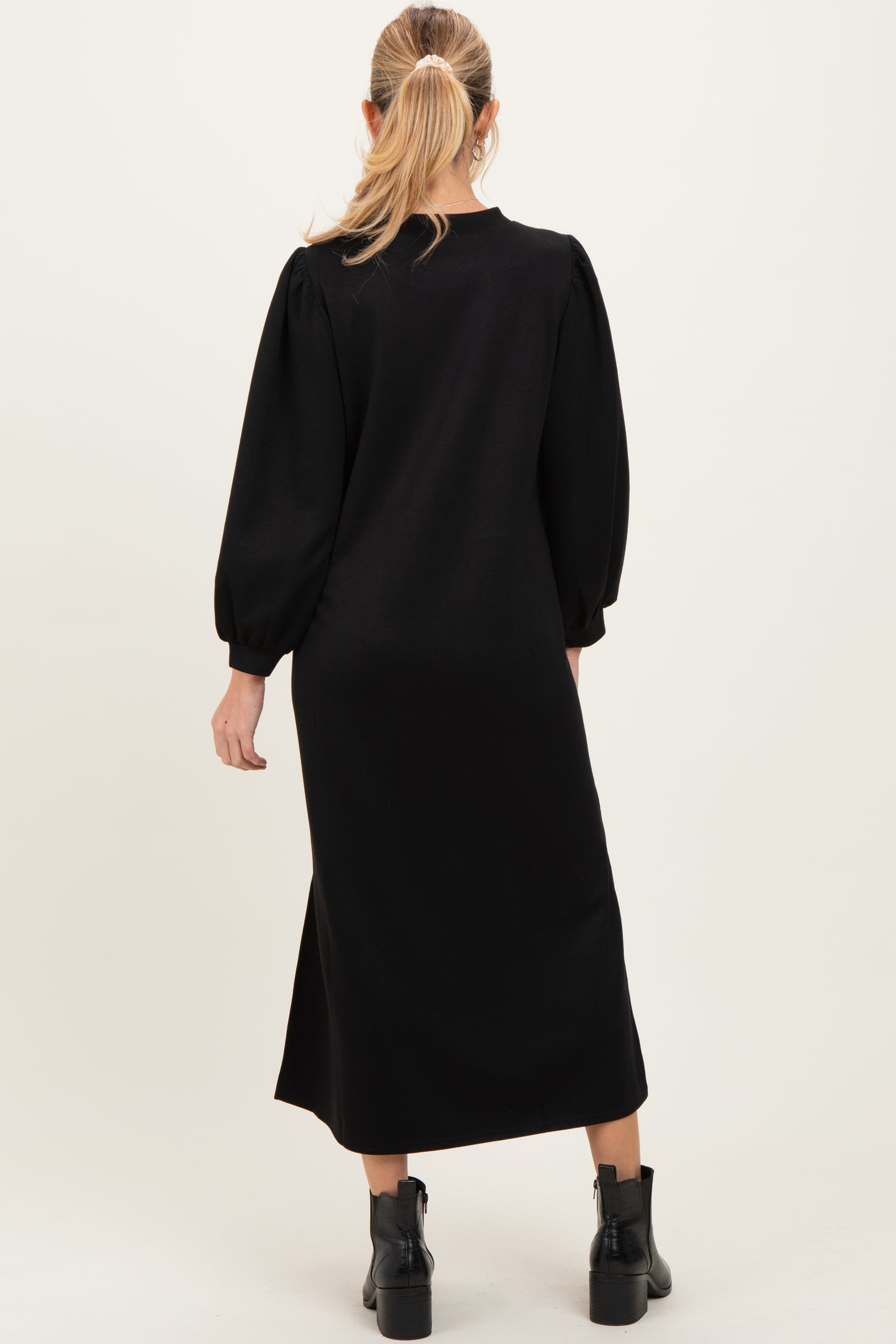 Black Side Slit Detail Solid Maternity Midi Dress