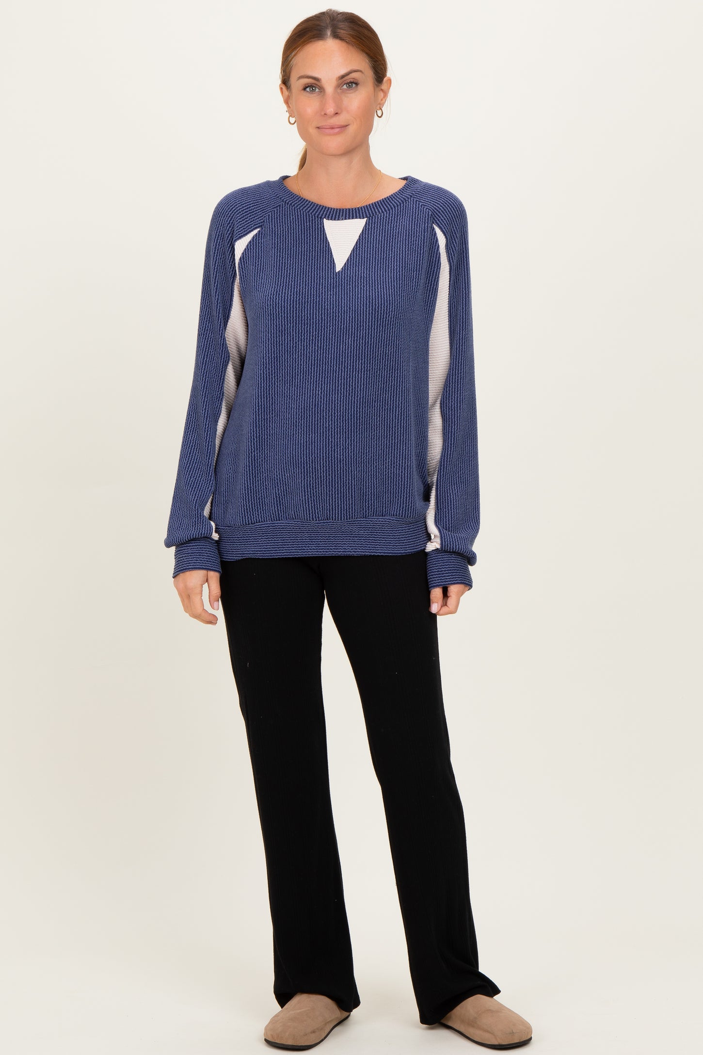 Navy Textured Rib Colorblock Pullover
