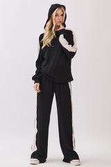 Black Textured Rib Colorblock Hoodie