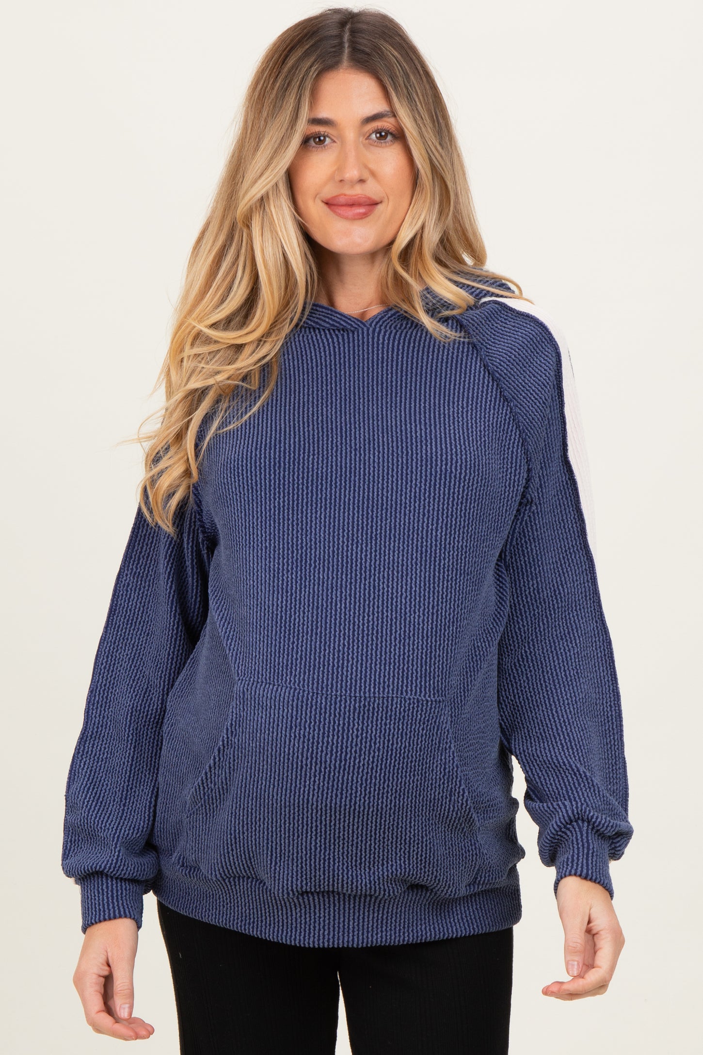 Navy Textured Rib Colorblock Maternity Hoodie
