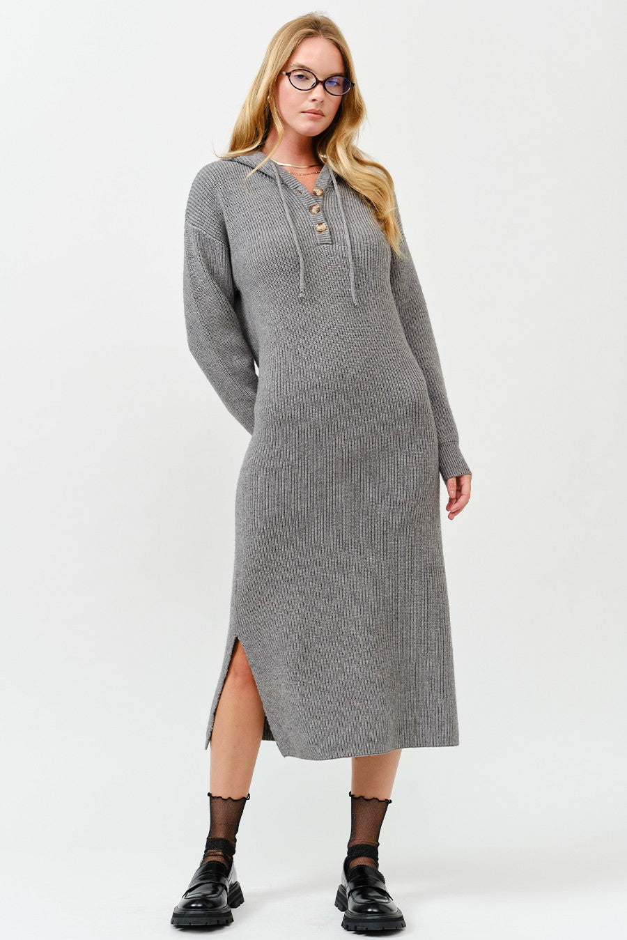 Grey Hooded Sweater Maternity Midi Dress