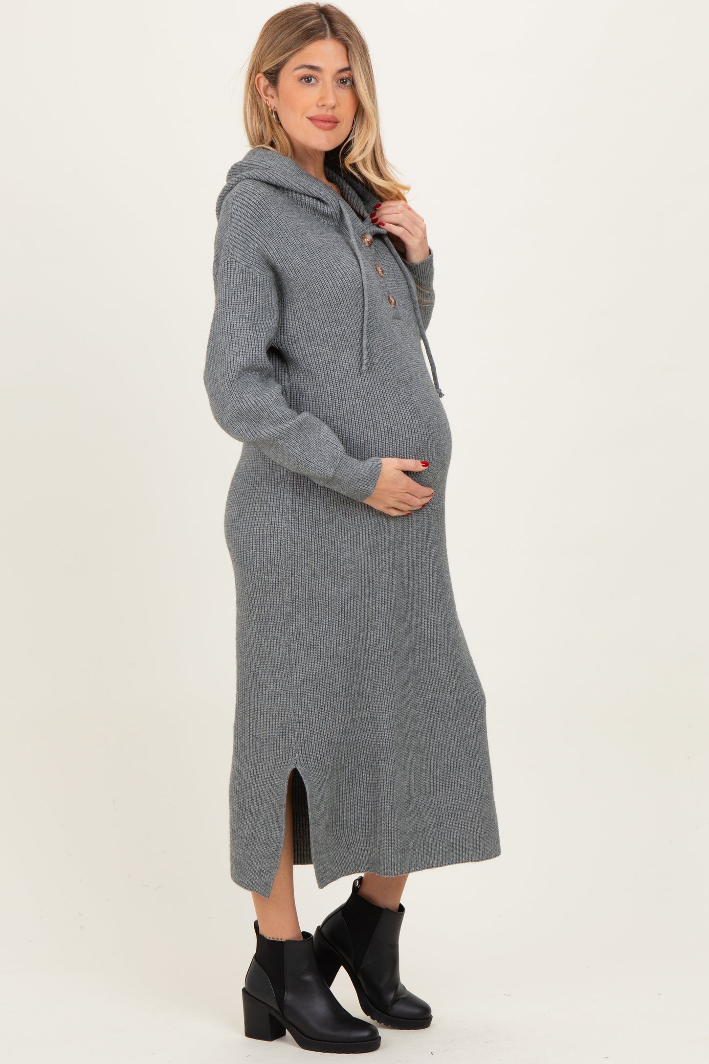 Grey Hooded Sweater Maternity Midi Dress