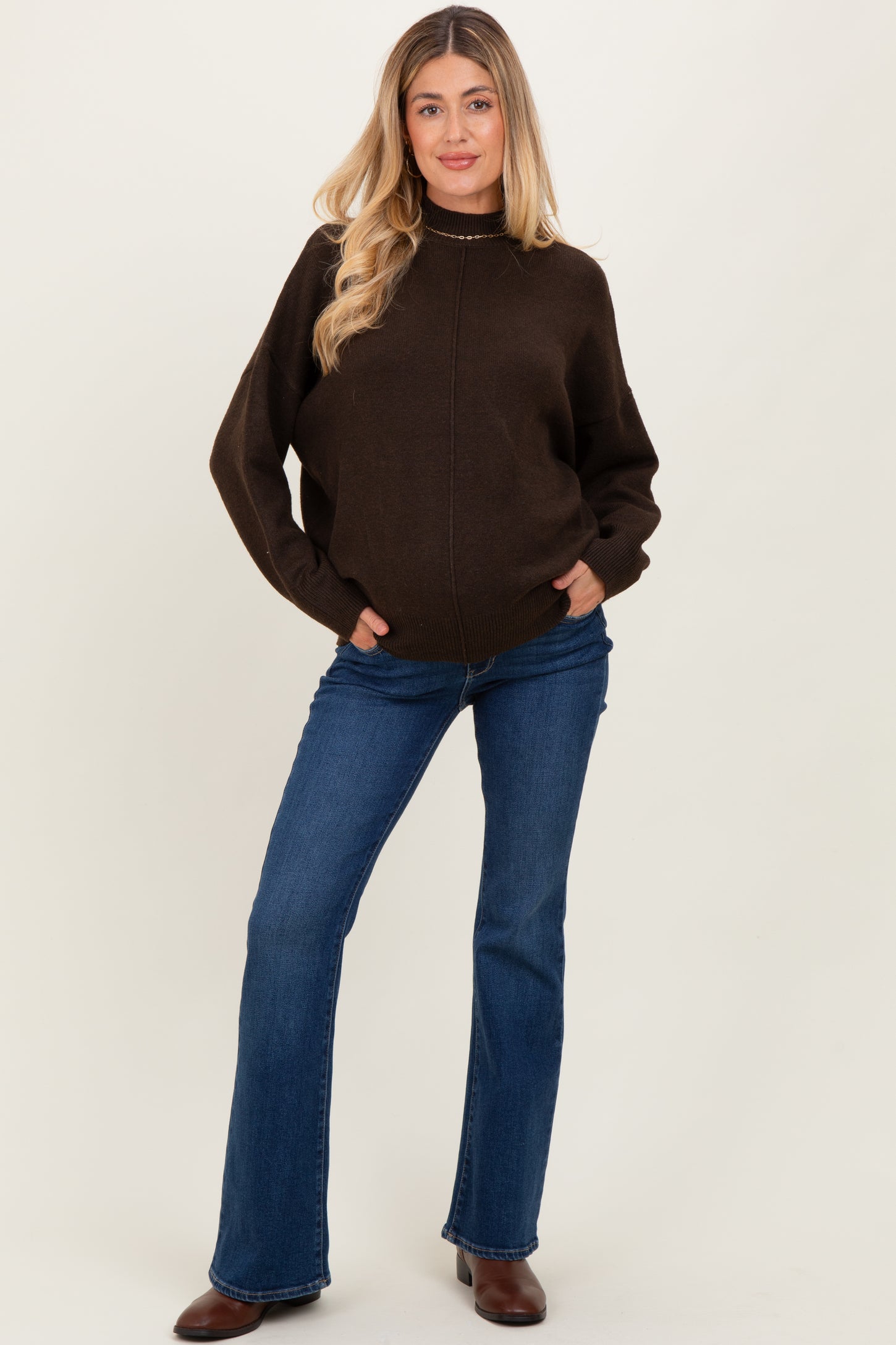 Brown Front Seam Mock Neck Maternity Sweater