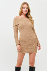 woman wearing a tan ribbed off-the-shoulder long sleeve sweater dress