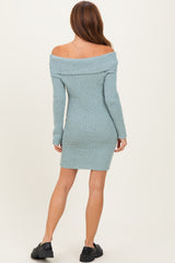 Light Blue Off The Shoulder Knit Sweater Mini Dress