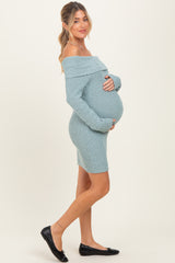 Light Blue Off The Shoulder Knit Sweater Maternity Mini Dress