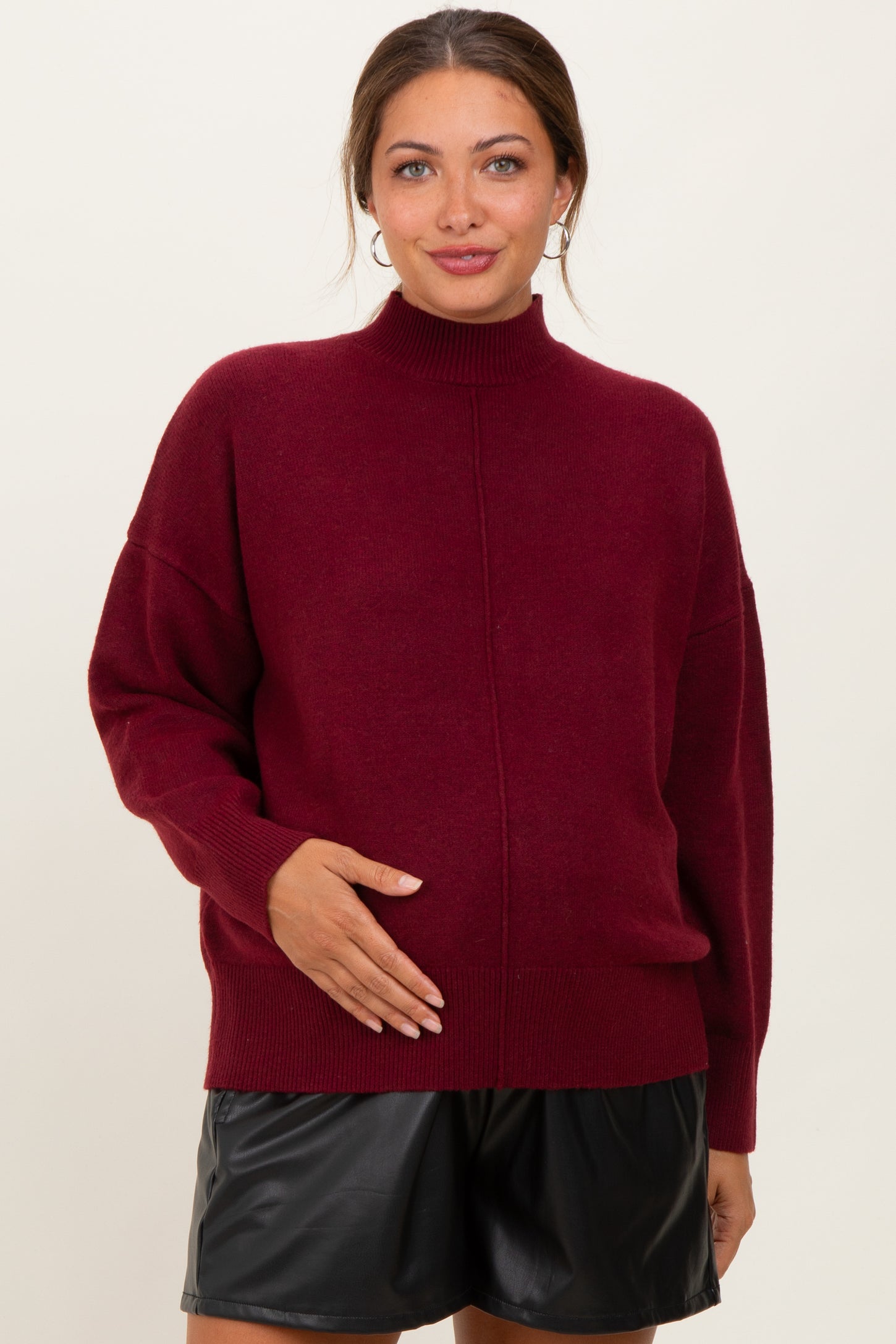 Burgundy Front Seam Mock Neck Maternity Sweater