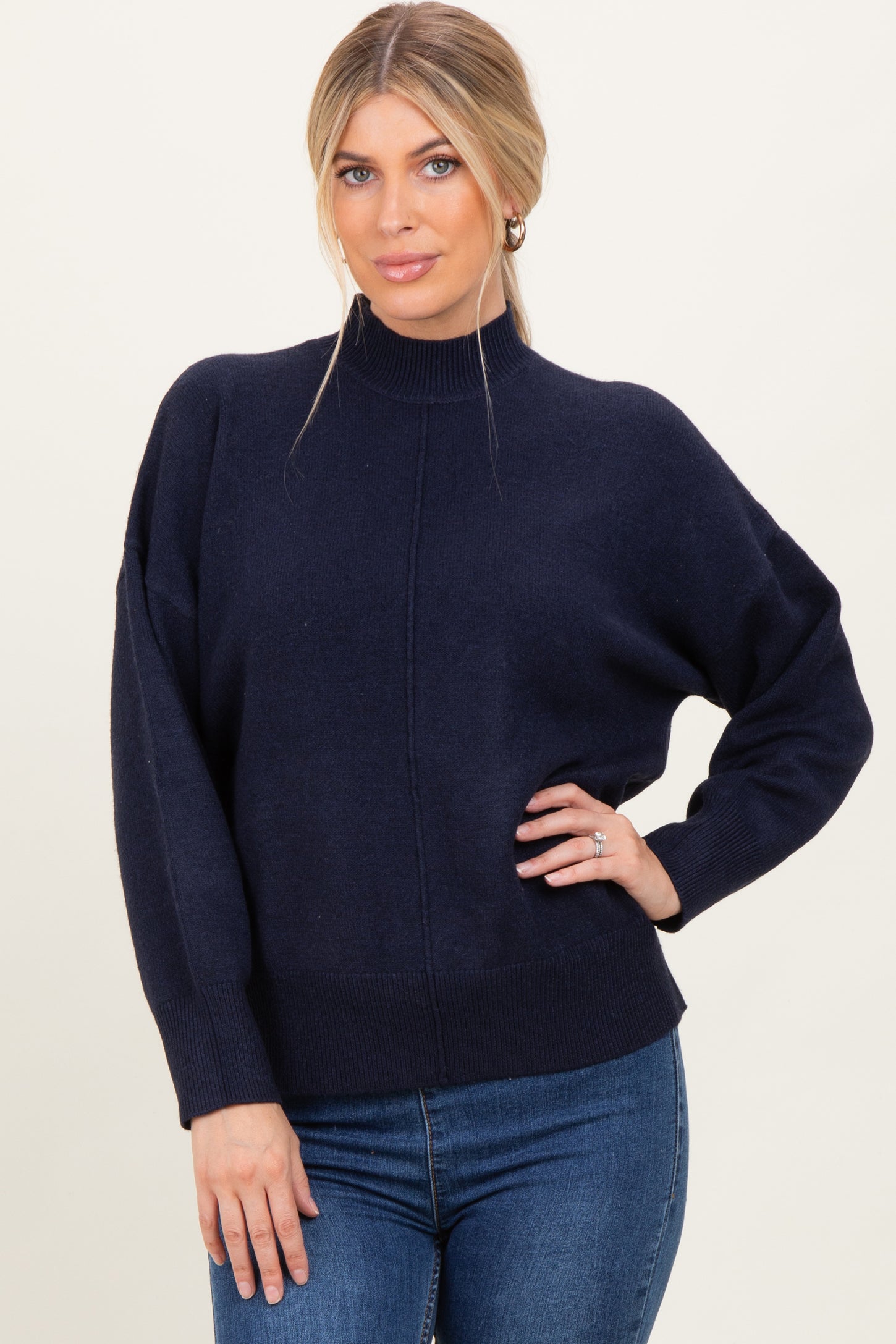 Navy Front Seam Mock Neck Maternity Sweater