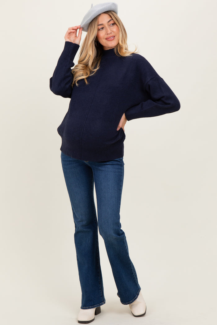 Navy Front Seam Mock Neck Maternity Sweater