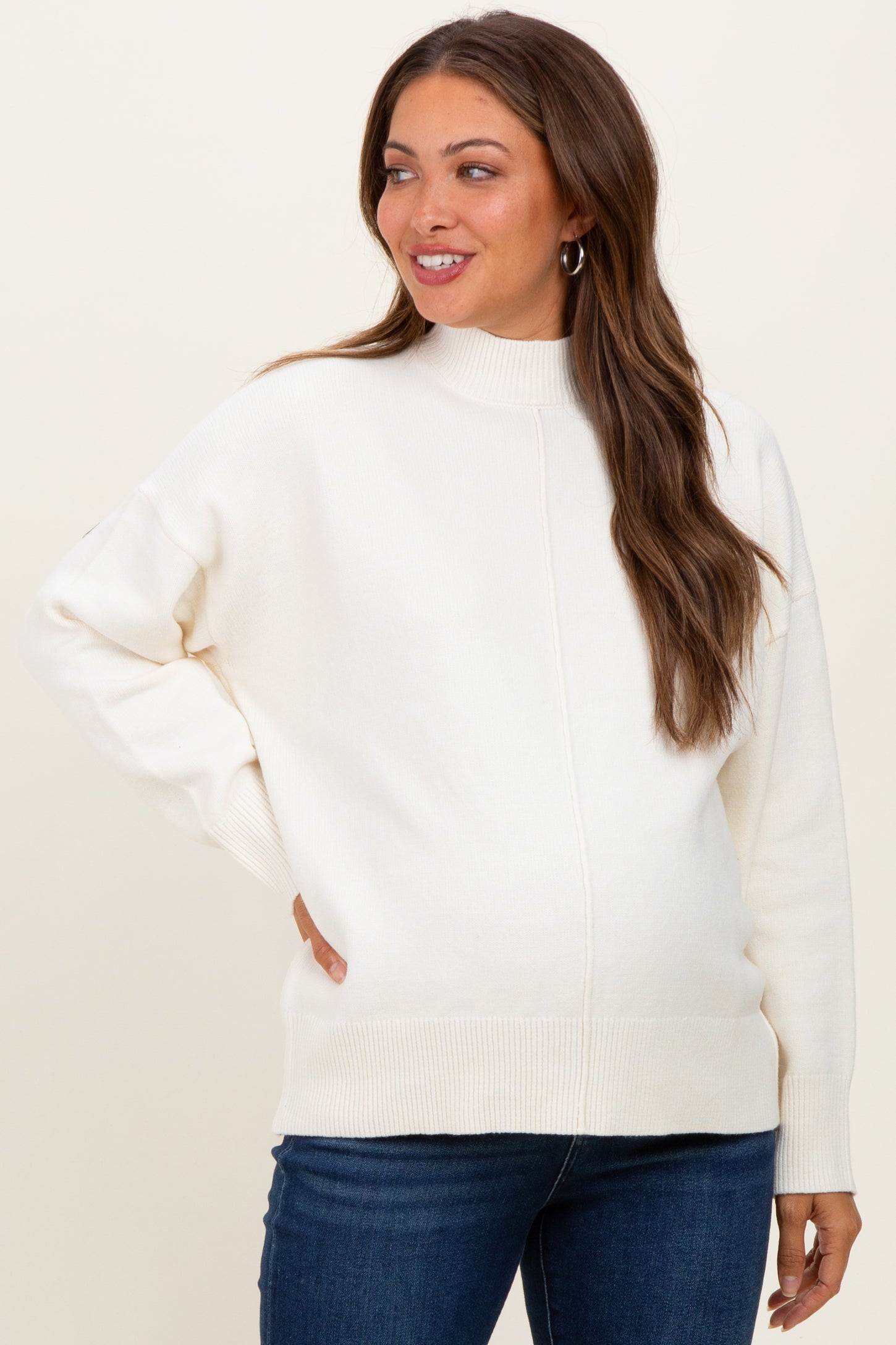 Cream Front Seam Mock Neck Maternity Sweater