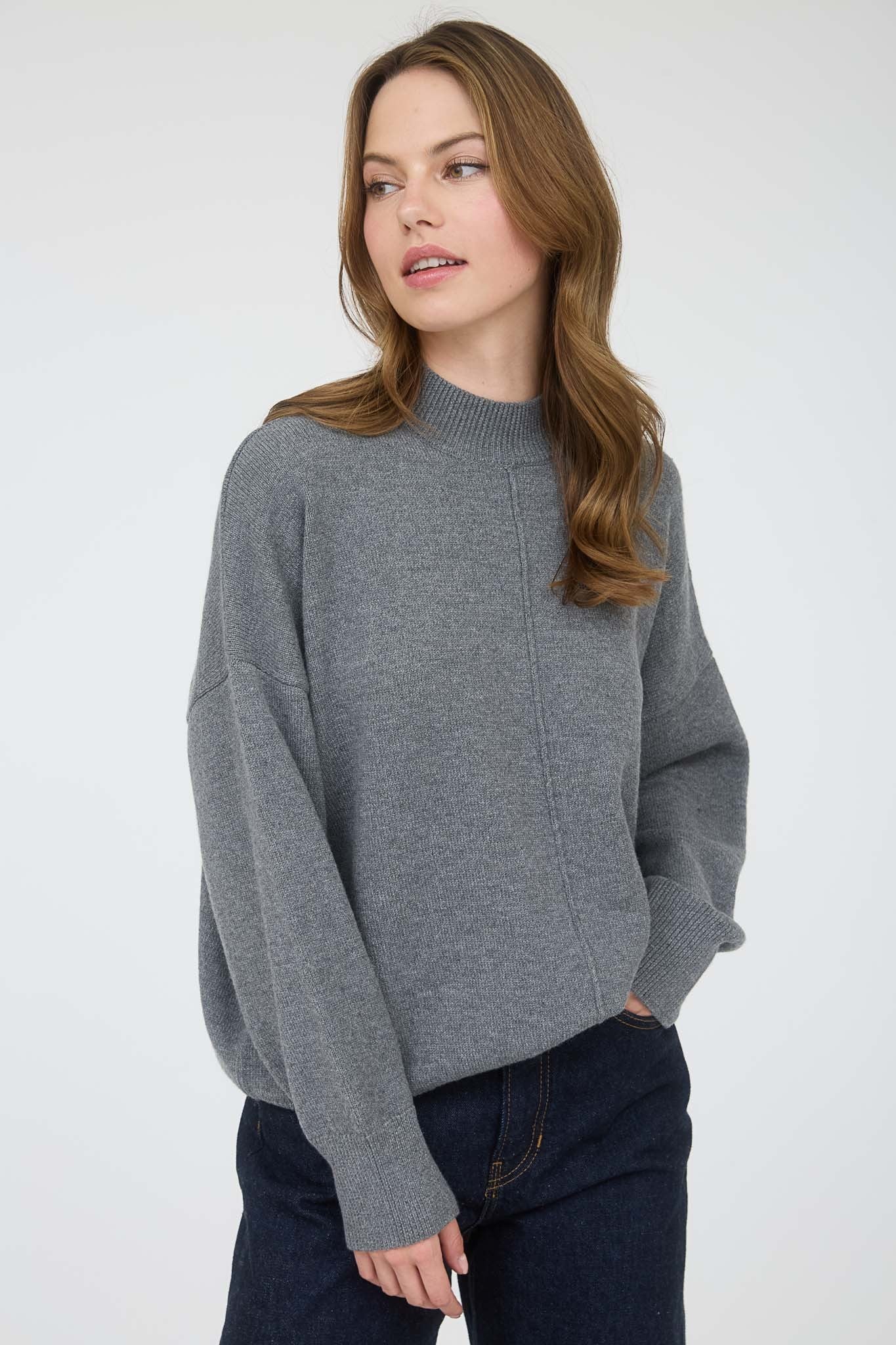 Grey Front Seam Mock Neck Sweater
