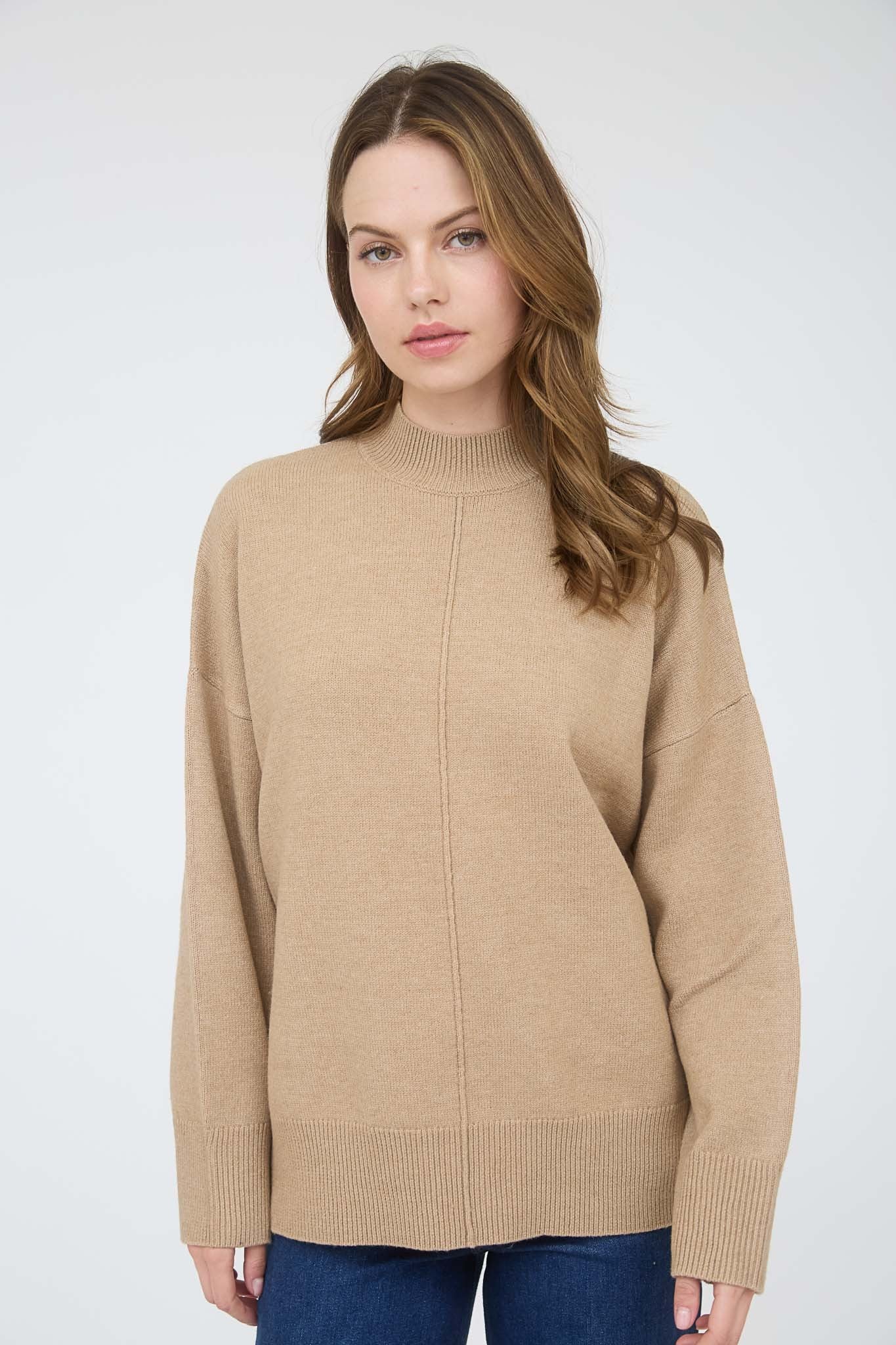 Camel Front Seam Mock Neck Maternity Sweater