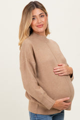 Camel Front Seam Mock Neck Maternity Sweater