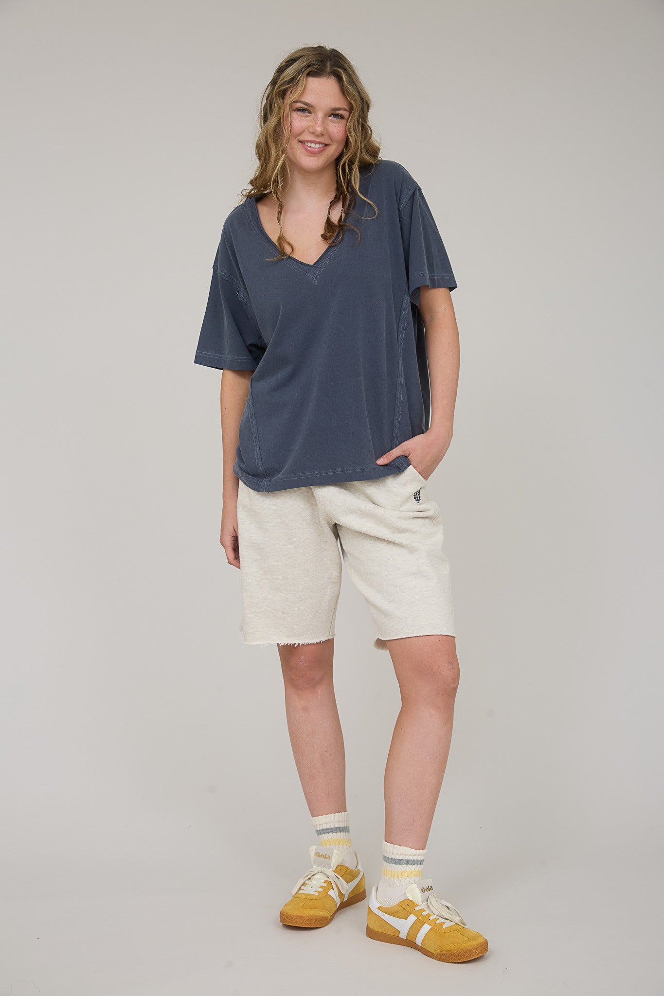 Navy Raw Edge V-Neck Short Sleeve T-Shirt