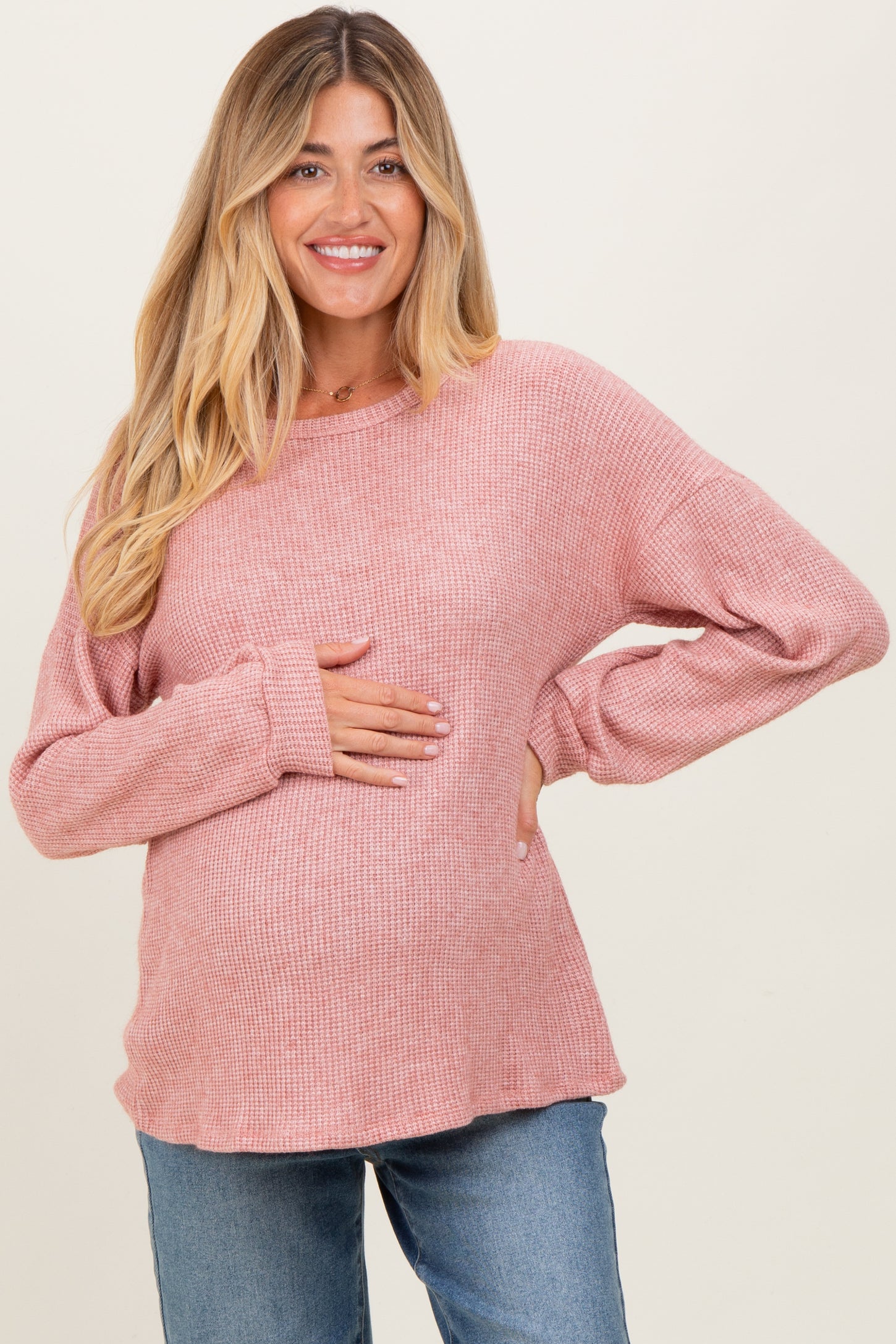 Mauve Puff Sleeve Solid Maternity Sweater Top