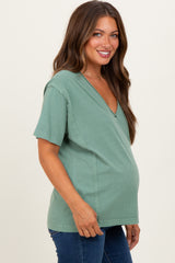 Light Olive Raw Edge V-Neck Short Sleeve Maternity T-Shirt