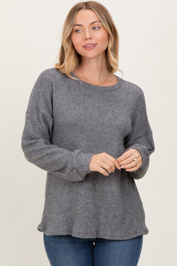 Charcoal Puff Sleeve Solid Sweater Top
