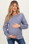 Denim Blue Puff Sleeve Solid Maternity Sweater Top