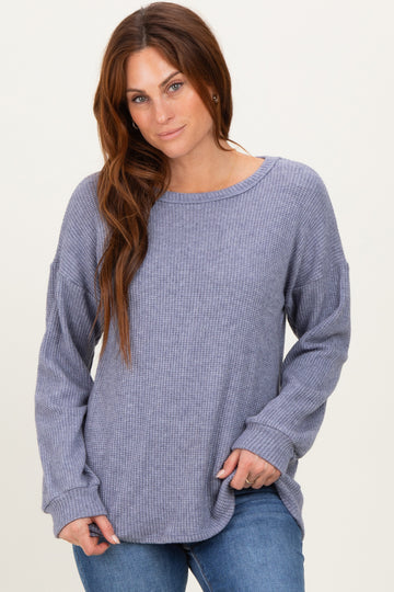 Denim Blue Puff Sleeve Solid Sweater Top