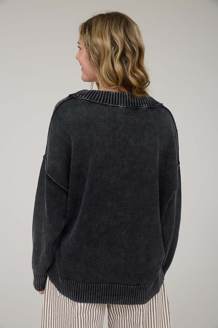 Black Vintage Wash Oversized V-Neck Sweater
