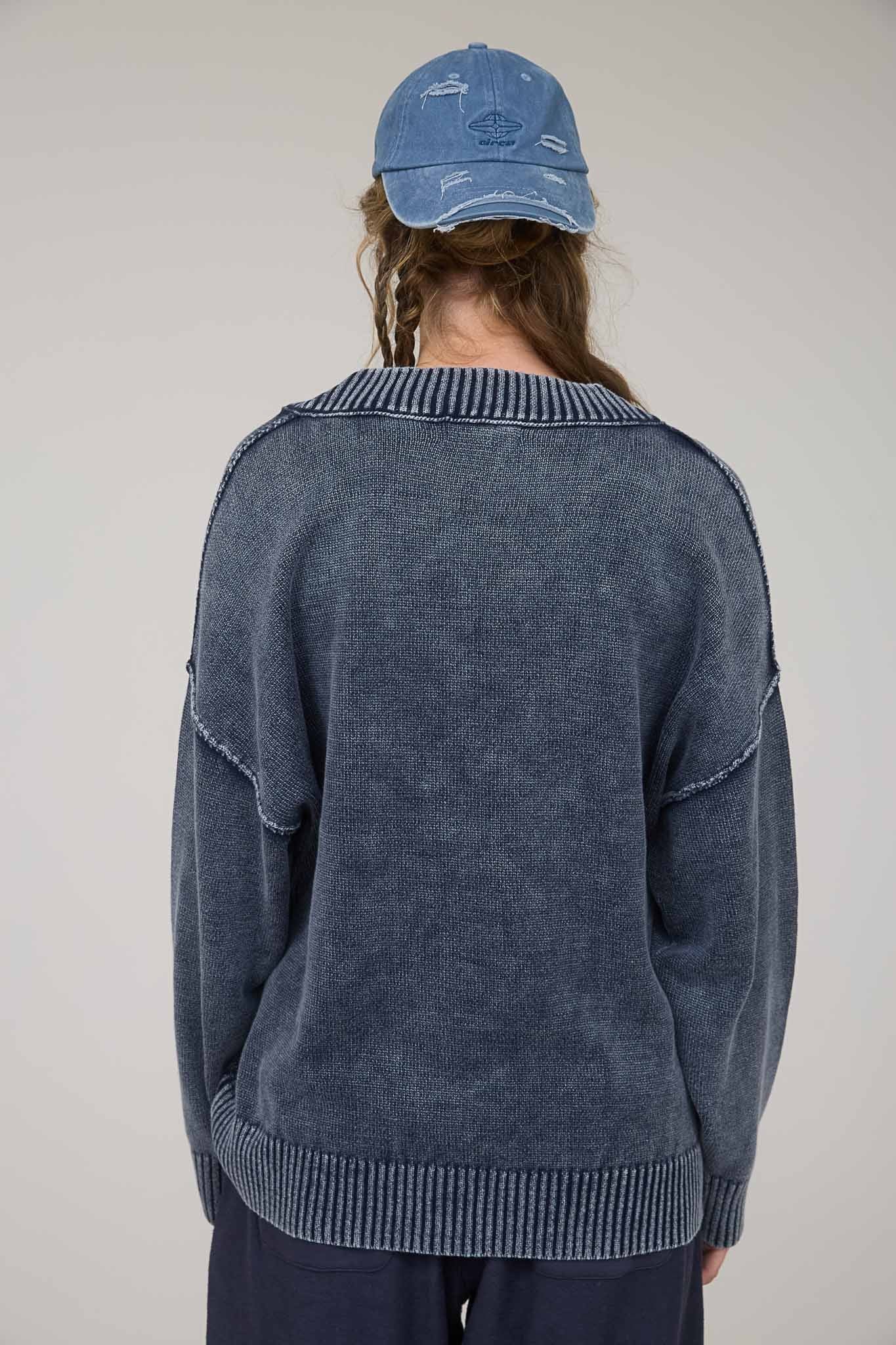 Navy Vintage Wash Oversized V-Neck Sweater