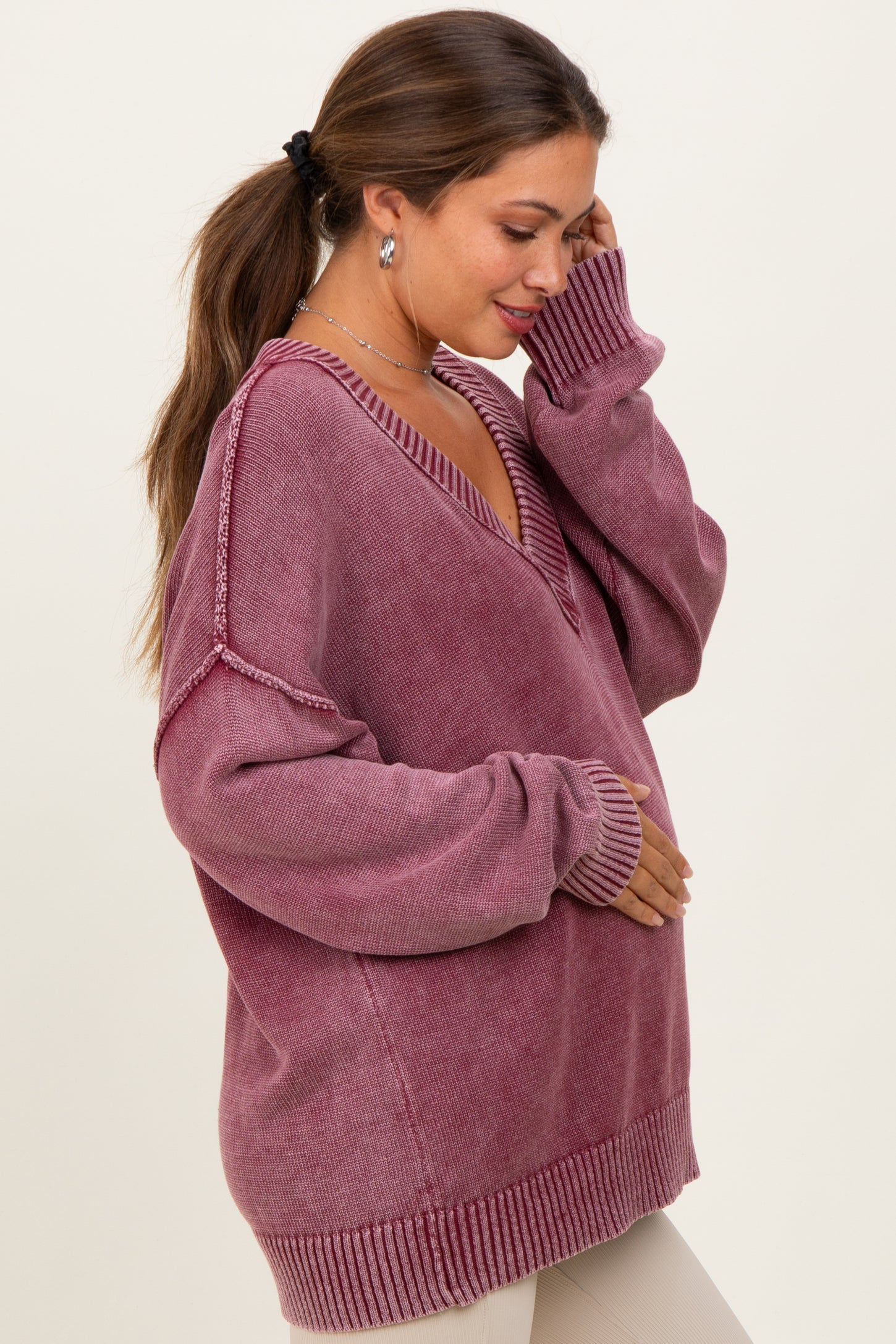 Burgundy Vintage Wash Oversized V-Neck Maternity Sweater