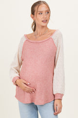 Mauve Puff Sleeve Solid Color Block Maternity Top