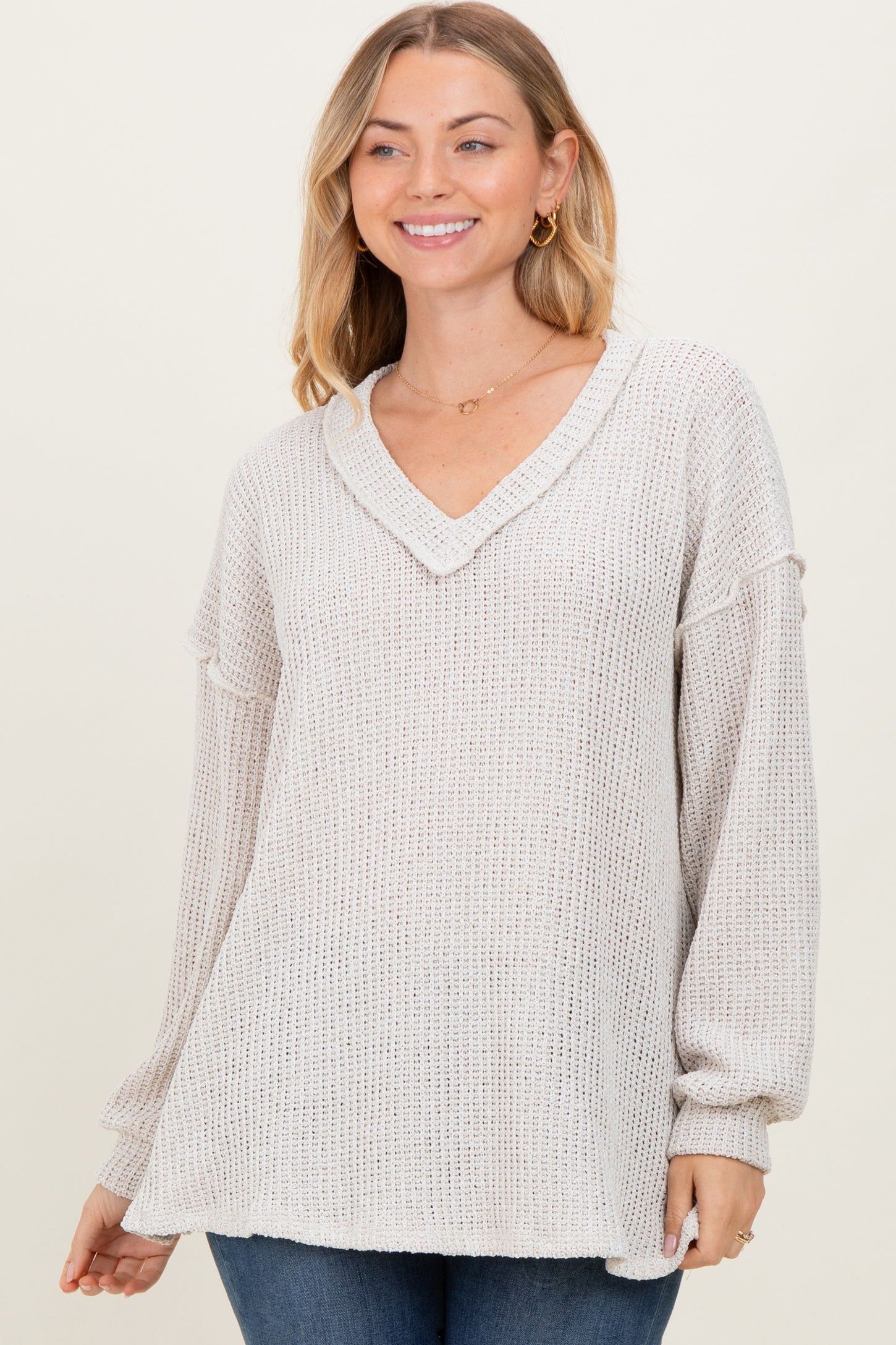 Beige Long Puff Sleeve Solid Oversized Maternity Top