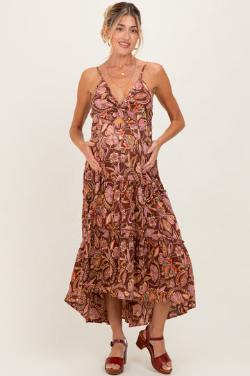 Brown V Neck Front Twist Hi Lo Maternity Maxi Dress