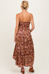 Brown V Neck Front Twist Hi Lo Maternity Maxi Dress