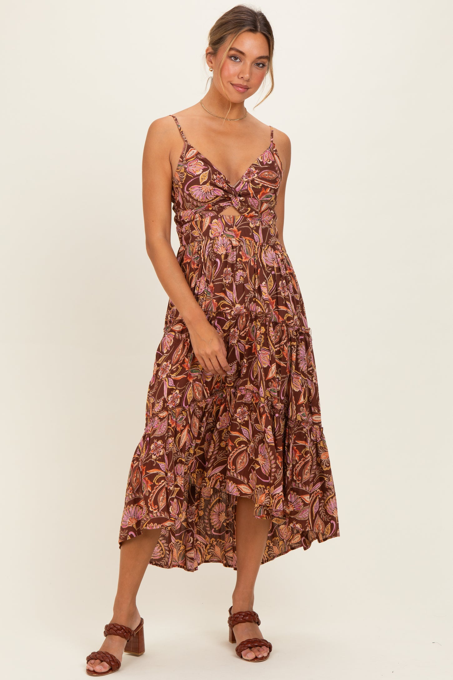 Brown V Neck Front Twist Hi Lo Maxi Dress