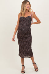 Brown Animal Print Mesh Shoulder Tie Maternity Dress