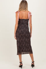 Brown Animal Print Mesh Shoulder Tie Maternity Dress