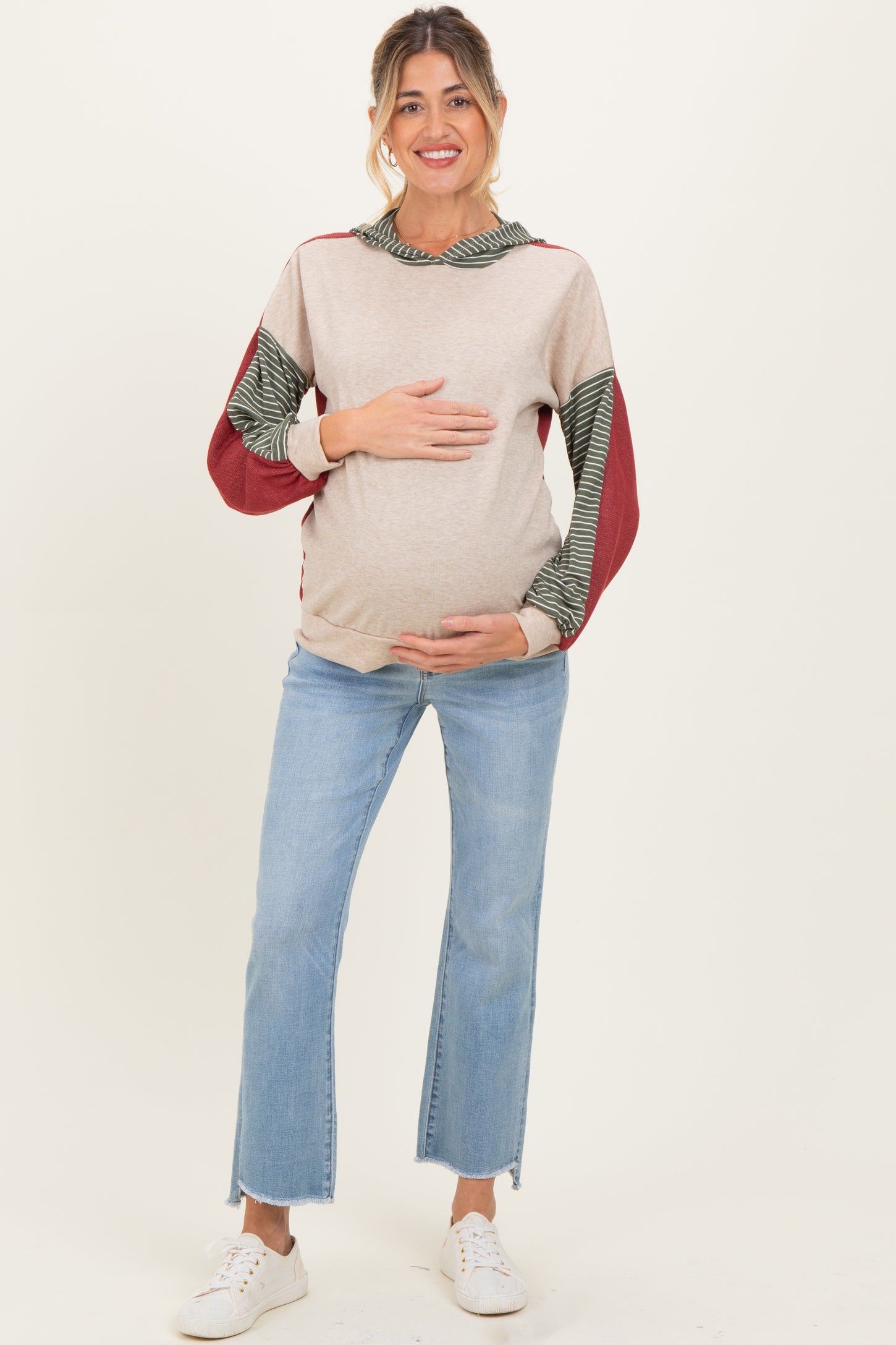 Rust Colorblock Stripe Maternity Pullover Hoodie