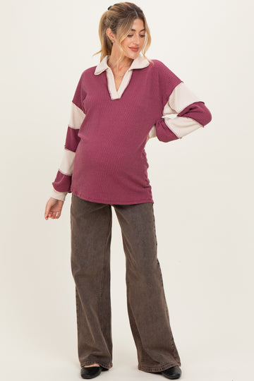 Burgundy Long Sleeve Collar Solid Contrast Maternity Top
