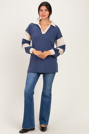 Navy Long Sleeve Collar Solid Contrast Top