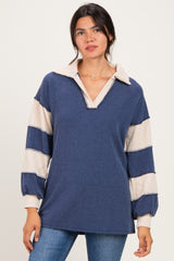 Navy Long Sleeve Collar Solid Contrast Maternity Top