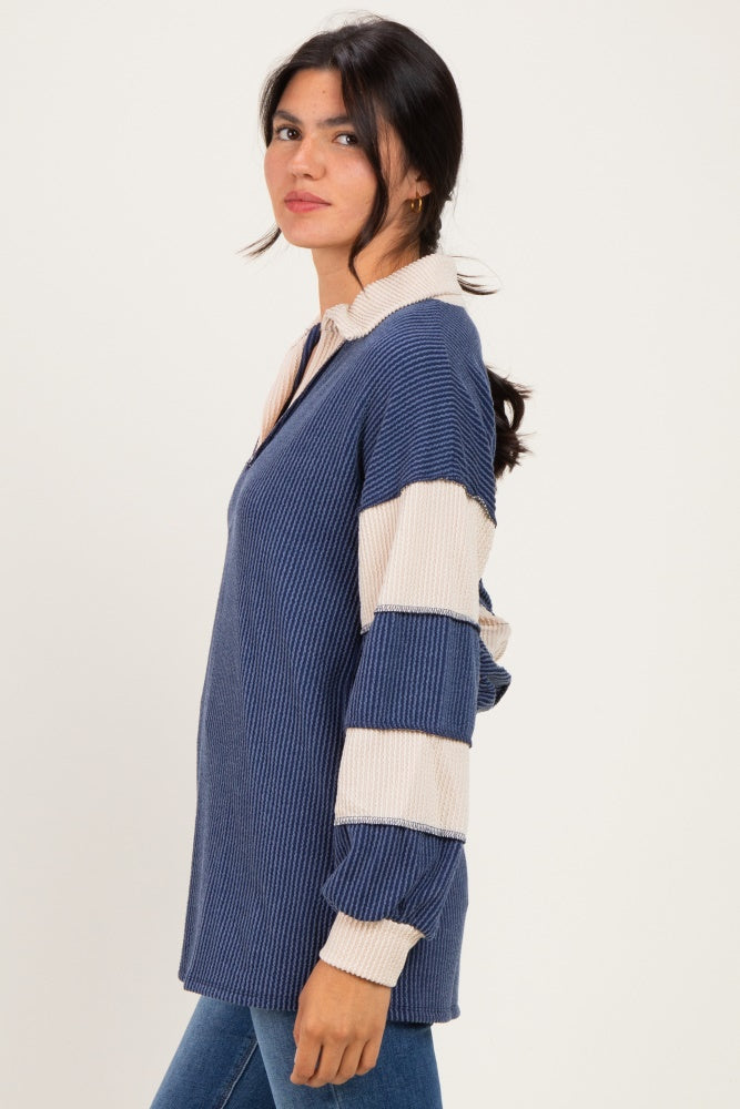 Navy Long Sleeve Collar Solid Contrast Top